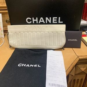 Classic White Chanel clutch bag with silver chain, measurements in photos